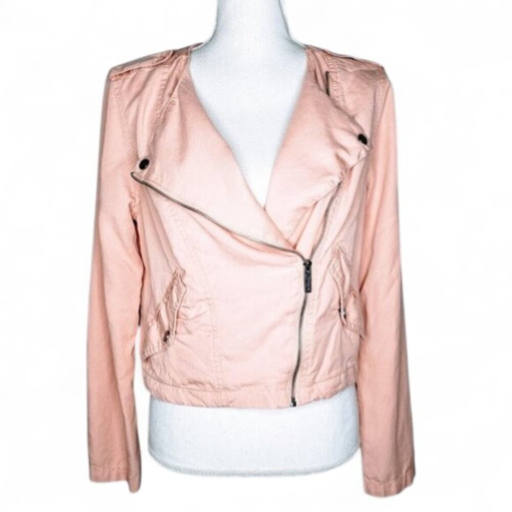 Sanctuary Moto Flap Collar Jacket Women's Diagonal Zip Peach Coral Plunge Neck M